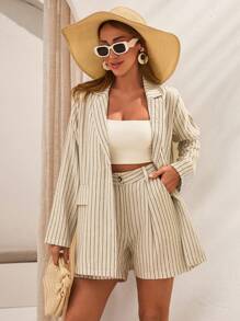 SHEIN Cottnline Beige Striped Linen Co-Ord Set With Oversized Blazer And High-Waisted Shorts - White - View 4