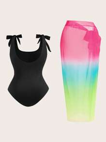 SHEIN Jednoczęściowy kostium kąpielowy w dużym rozmiarze w jednolitym kolorze z sarongiem z szyfonu z nadrukiem ombre i spódnicą