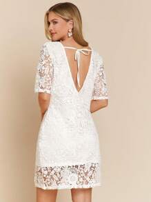 SHEIN Clasi Váy ren hở lưng xẻ tà dành cho nữ, thích hợp cho khách dự tiệc cưới - trắng - Xem 1