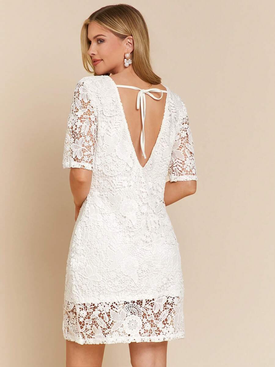 SHEIN Clasi Váy ren hở lưng xẻ tà dành cho nữ, thích hợp cho khách dự tiệc cưới - trắng - Xem 1