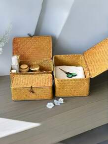 1 件北欧风格手工编织海草收纳盒，带盖，创意节省空间的收纳盒，适用于化妆品、桌面文具、衣服、玩具、浴室、卧室、客厅、宿舍、办公桌、零食和珠宝。适用于架子、抽屉、桌面、壁橱、游戏室、教室、办公室和返校用品。