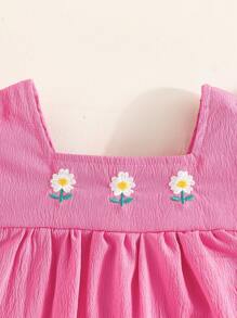 1 Stück Baby Mädchen Kleid mit Puffärmeln, quadratischem Ausschnitt, bestickter Taille, modisch, lässig, Alltagskleidung, weich und bequem, süßes Blumenmuster, neuer Sommerstil - Heißes Pink - Übersicht 8