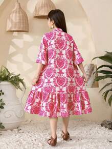 Tween Girls' Vacation Casual Allover Print Notched Neck Dress,Holiday,Summer, Travel - Hot Pink - View 2