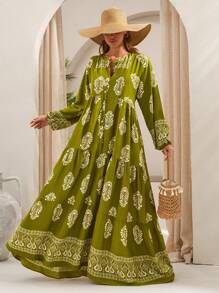 RueChic BOHO Feeling - Bohemian-Inspired Green Maxi Dress – A Chic And Breezy Statement Piece Featuring An Intricately Designed White Placement Print With Floral And Geometric Motifs, Strategically Placed For A Unique And Artisanal Look. Designed With A Button-Front Detail, Flowing Silhouette, And Lightweight Fabric, This Effortless Dress Is Perfect For Beach Vacations, Resort Wear, Or Casual Summer Days Women S Long Dresses Women S Green Dress Bohemian Dresses For Women Boho Dresses For Women - Multicolor - View 3