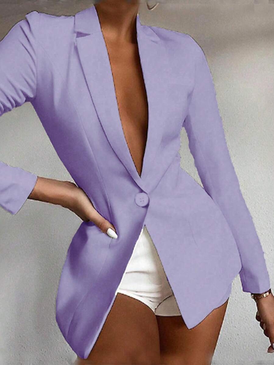 Chiquease Áo khoác vest đi làm đơn giản màu trơn - Màu tím hoa cà - Xem 1