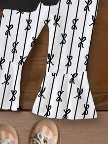 Baby Girl Set - Round Neck Butterfly Print Short Sleeve Black T-Shirt And Striped Butterfly Full Print Flared Pants