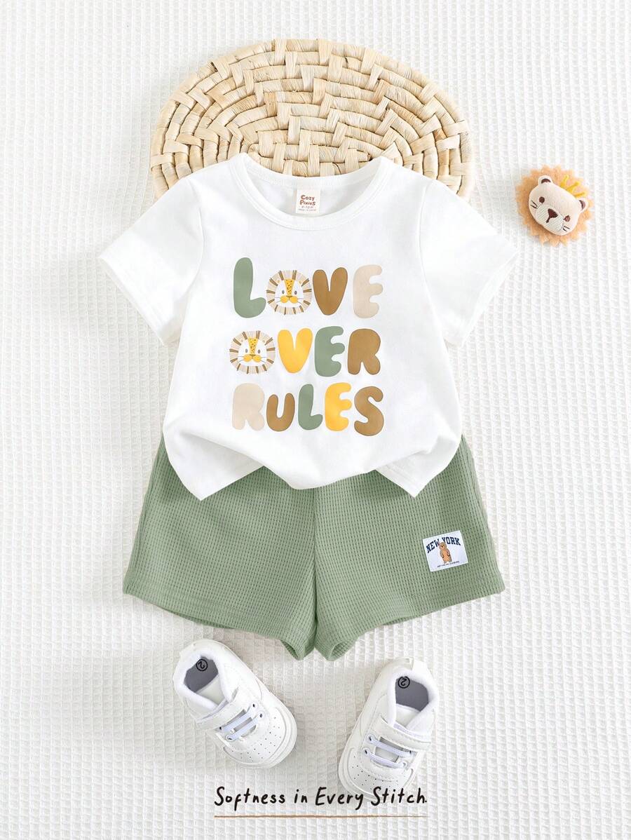 Cozy Pixies Bộ 2 món/bộ áo thun cổ tròn tay ngắn in họa tiết động vật dễ thương cho bé trai và quần short cạp chun - Nhiều màu - Xem 1