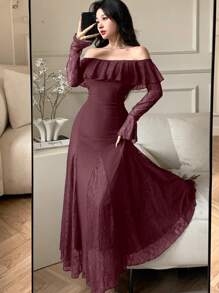 DAZY 女士性感裹身中长优雅连衣裙，春夏优雅，荷叶边 - 紅木色 - 查看 5