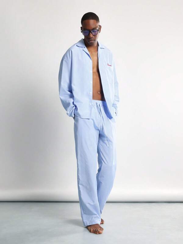 SUMWON Luxus gestreifter Loungewear Pyjama-Set, Langarm Hemd mit Knopfkragen, Hose, Schlafanzug, Nachtwäsche, locker geschnitten, bequem für Zuhause