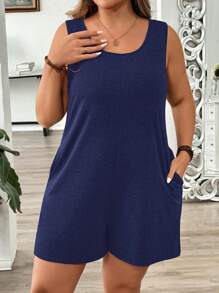 SHEIN PETITE CURVE 大码女式夏季纯色圆领口袋休闲连体衣 - 藏蓝色 - 查看 3