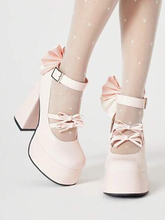 Kawaii Women's Pink Closed-Toe Chunky Heel Mary Jane Shoes With Bowknot Strap And Platform, Retro JK School Uniform Style High Heels
