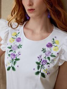 MOTF PREMIUM Camiseta con bordado floral y ribete con volantes - Blanco - Ver 2