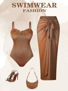 Swim Oasis Plus Size Women's Solid Color 2pcs Elegant Glittered One-Piece Swimsuit With Adjustable Strap + Glittered Waist Belt Cover Up Skirt, For Summer Beach Vacation