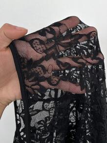 Elenzga Plus Size Square Neck Sheer Bodysuit, Sweetheart Collar, Lantern Sleeve, Lace Bodycon - Black - View 6