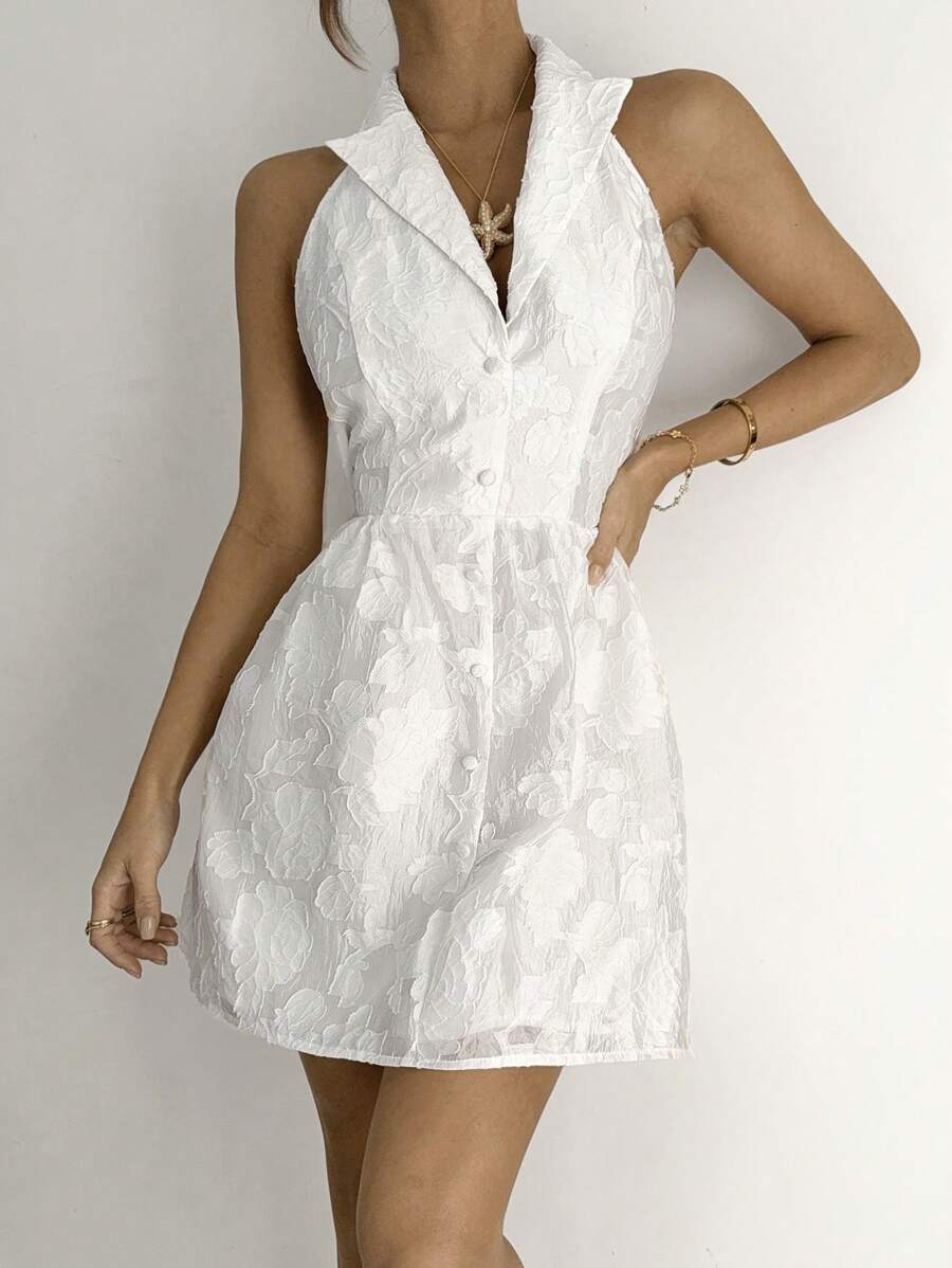 SHEIN Essnce Sommerkleider für Frauen 2025 - Weißes rückenfreies Maxikleid mit Trägerhalsausschnitt, A-Linie Jacquard strukturierter Stoff, elegantes Hochzeitsgast-Kleid & lässige Outfits für Dates am Abend, Strandurlaubs-Essentials, weiße Kleider für Frauen, minimalistische Volant-Saum Sommer-Outfits - Aprikosenfarben - Übersicht 1