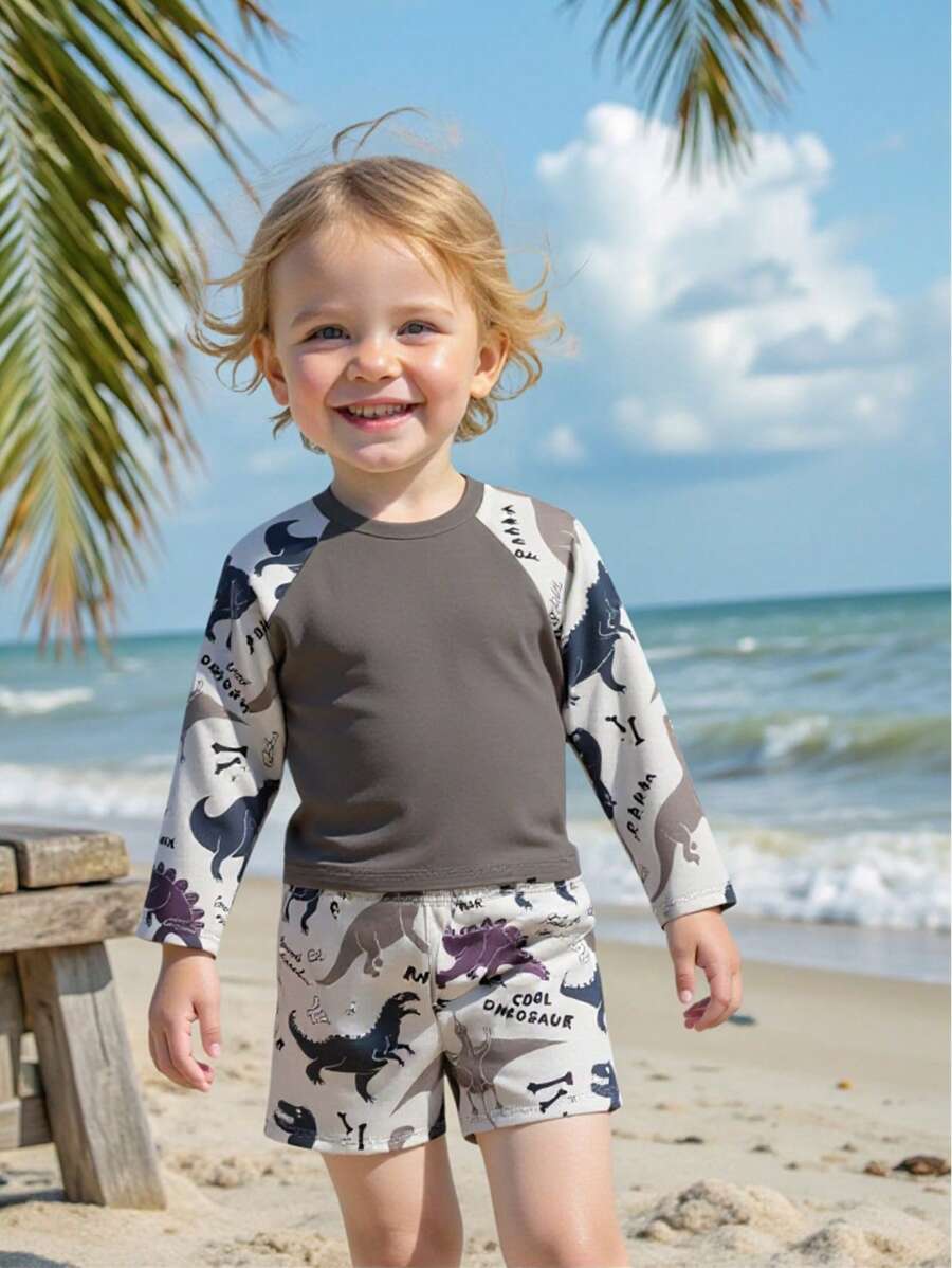 婴幼儿男孩卡通恐龙印花长袖泳衣套装 - 彩色 - 查看 1