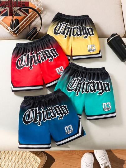 4 件装年轻男孩时尚渐变 3D 字母芝加哥印花运动短裤 - 舒适时尚，松紧腰身，可机洗，适合户外度假、度假、旅行、放松、日光浴、夏季