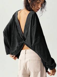 Bohemela Áo len dệt kim màu trơn đơn giản tay dài rộng rãi, dáng rộng phong cách BOHO, áo cánh công sở cho nữ, áo hở lưng, áo hở lưng, áo hở lưng, áo hở lưng cho mùa thu/đông - màu đen - Xem 3