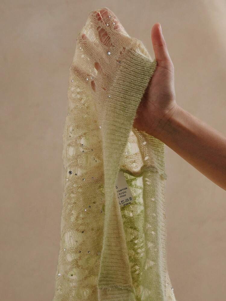 Pull élégant d'été à manches longues en tricot avec motif de hippocampe, décoré de strass dégradé. pull tricoté doux pour femmes, idéal pour l'automne et l'hiver