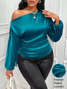 SOLERSUN Women's Solid Color Asymmetric Collar Lantern Sleeve Elegant Side Drawstring Shirt, Spring & Summer One Shoulder Top - Teal Blue - View 1