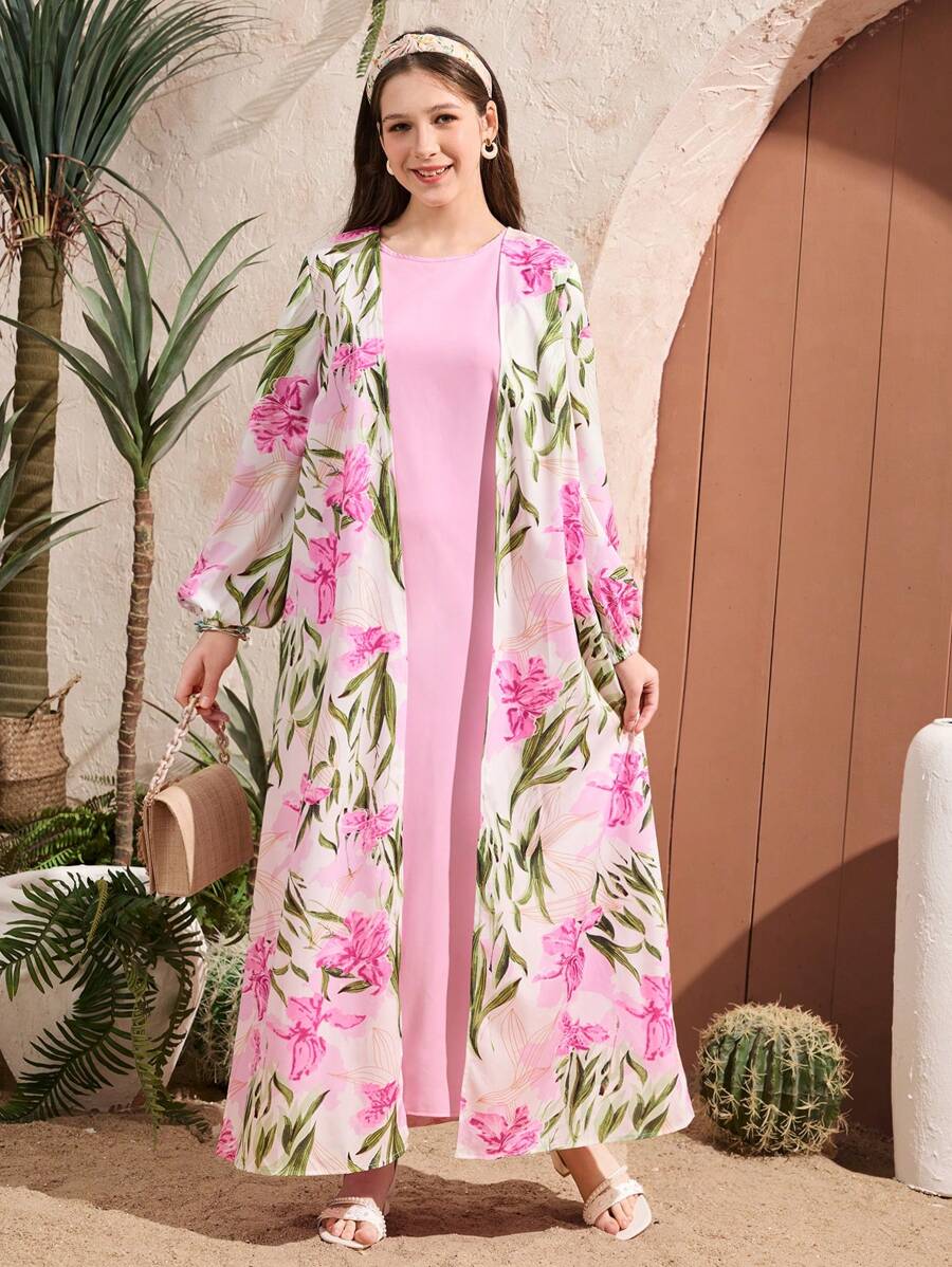 Teen Girls 2 Pieces Set: Flower Print Sleeveless Dress And Long Casual Jacket - Purple - View 1