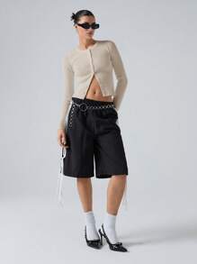 LYSMO Women's Solid Color Front Button Long Sleeve Minimalist Sweater, Casual Daily Wear In Fall/Winter - Apricot - View 4