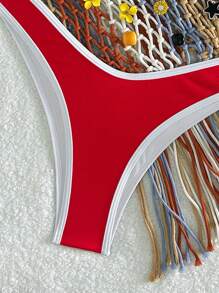 Swim SXY Springbreak Women's New Fashion Color Block Sexy Micro Lace-Up Backless Rib Fabric High Cut Bikini Set For Summer Beach - Red and White - View 5