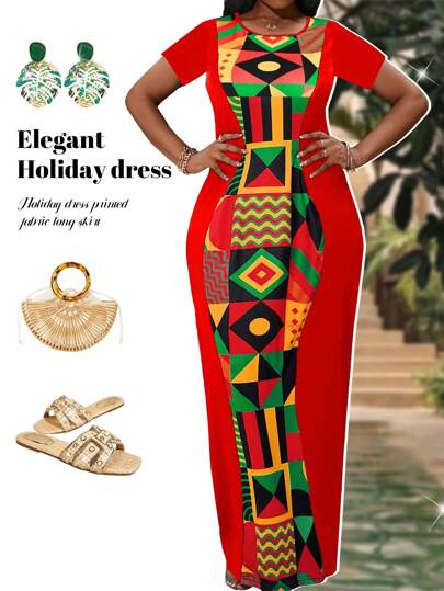 Fleurora Plus Size Geometric Color Block Print Fitted Midi Dress