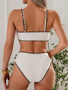 Swim Chiccia 女士纯色纹理面料肩带扇形饰边圆环上衣和比基尼下装 2 件套海滩度假比基尼套装 - 米色 - 查看 6