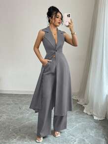 Elenzga 2pcs Elegant Commuting Sleeveless Long Lapel Waist Gathered A-Line Jacket And Pants Set - Light Grey - View 1