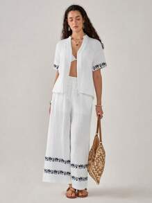 Florisole Conjunto de 2 piezas para mujer: pantalón recto holgado de vacaciones con cuello en V elegante y estampado de bordado floral