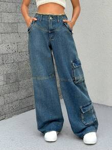 SHEIN ICON 女士休闲牛仔裤，适合夏季 - 霧霾藍 - 查看 4