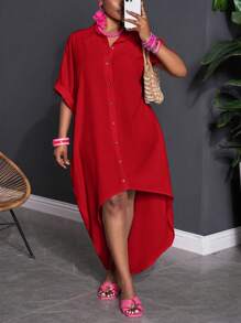 SHEIN CURVE+ 尺码 US22 适合音乐节、海滨度假、波西米亚风休闲纯色蝙蝠袖前扣连衣裙，女式加大码服装 - 紅色 - 查看 3