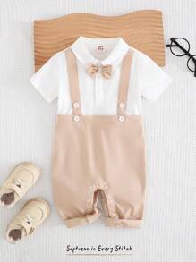 Cozy Pixies Baju Terusan Bayi Laki-laki dengan Kerah Peter Pan, Lengan Pendek, Motif Dasi Kupu-kupu Warna Kontras, Kasual & Serbaguna - MultiWarna - View 1