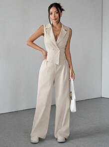 SHEIN PETITE Two Pieces Fall Outfits 2pcs/Set Women Solid Color Sleeveless Top And Pants Fall Clothes - Khaki - View 4