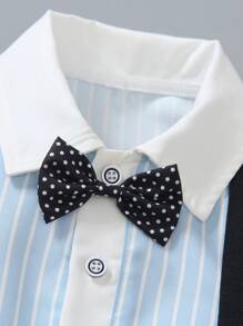 Young Boy Blue & White Striped Short Sleeve Shirt With Polka Dot Bowtie, Paired With White Shorts & Suspenders, Fashion Outfit Suitable For Birthday Party, Wedding, Celebration - Multicolor - View 7