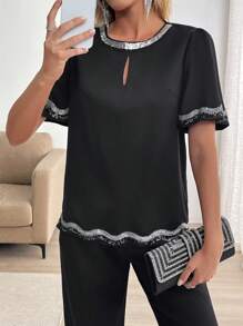 SHEIN Clasi Women's Elegant Black Summer Blouse,Sequin Party Night Casual Top With Front Keyhole,Raglan Short Sleeve,Silver Sequin Trim Collar Cuffs And Hem - Black - View 1