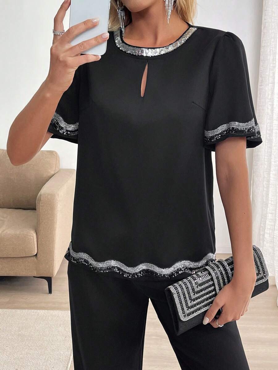 SHEIN Clasi Women's Elegant Black Summer Blouse,Sequin Party Night Casual Top With Front Keyhole,Raglan Short Sleeve,Silver Sequin Trim Collar Cuffs And Hem - Black - View 1