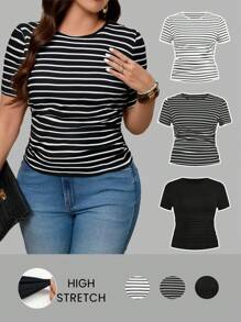 SHEIN LUNE 圆领修身下摆褶皱 T 恤三件套，黑白条纹，黑色纯色夏季女士外出上衣女士，商务休闲女士，夏季，可爱衬衫，办公室度假女士度假女士大码女士春假 - 黑與白 - 查看 1