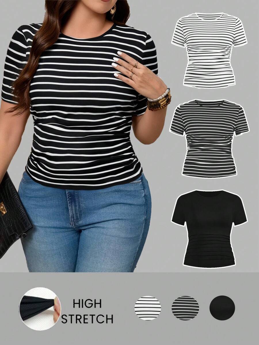 SHEIN LUNE 圆领修身下摆褶皱 T 恤三件套，黑白条纹，黑色纯色夏季女士外出上衣女士，商务休闲女士，夏季，可爱衬衫，办公室度假女士度假女士大码女士春假 - 黑與白 - 查看 1