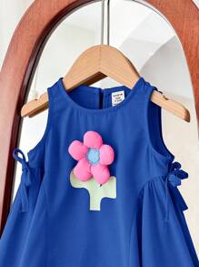 SHEIN Leap Crew 女婴夏季可爱粉色花卉印花连衣裙 - 藍色 - 查看 3