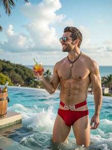 Manfinity Swimmode Men's Beach Vacation Metal Decoration Triangle Swimtrunks Briefs, Men's Bikini Swimsuit, Red Swim Trunks For Men, Men Sexy Swimwear, Men's Swimwear - Red - View 4