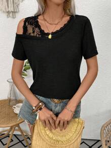 EMERY ROSE Women Solid Color Lace Patchwork Asymmetrical Neckline T-Shirt - Black - View 5