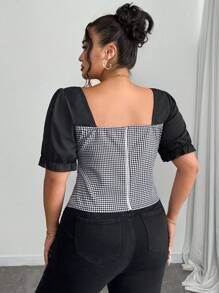 SHEIN LUNE Plus Size Women's French Elegant Minimalist Colorblock Houndstooth Print Collar Puff Sleeve Cinched Waist Asymmetric Hem Button Decorated Blouse