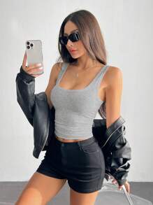 SHEIN PETITE Casual All-Match White Cami Top With Deep U-Neck And Racerback