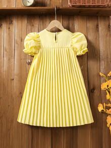 Young Girl Contrast Lace Puff Sleeve Pleated Hem A-Line Dress - Yellow - View 2