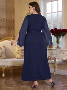Modelyn Vestito taglie forti con scollo a V, in chiffon e maglia, patchwork, ricamato, a campana, con laccio in vita, elegante e snellente