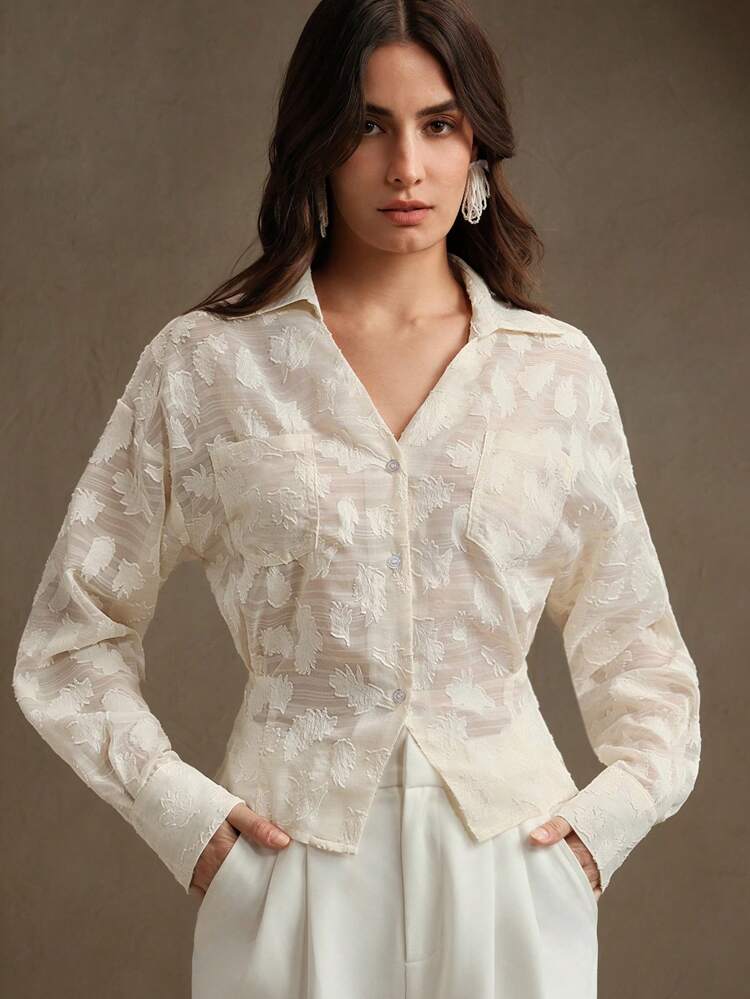 Women Spring Elegant Business Casual Modest V-Neck Waist Cinched Long Sleeve Blouse