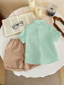 SHEIN Bộ quần áo và quần short thoải mái thoáng khí cho bé trai LMoss Kids - Màu xanh Bạc hà - Xem 2