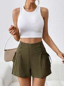 SHEIN Essnce Pantalones cortos de verano casuales de mujer hechos de algodón y lino con nudo lateral en forma de A